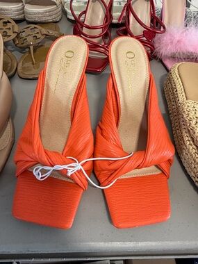 Oleg Cassini Bright Orange Knotted Square-Toe Slide Mules